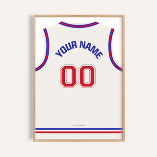 Framed print close-up of basketball jersey poster in plain white with red number and blue trim
