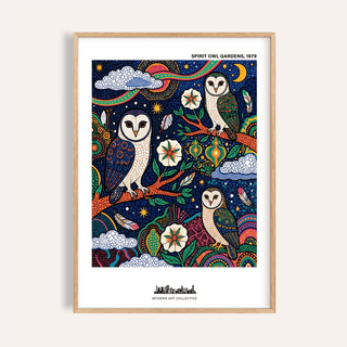 Framed Spiritual Garden Poster with barn owl trio in folk-art style and rich colours