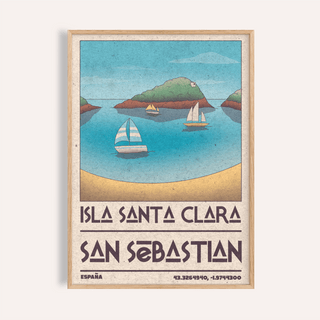 Framed Island Vacation Poster showing an island with sailboats in blue and beige vintage style