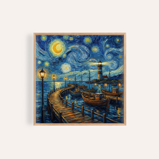 Framed close-up of Van Gogh Poster showing a lighthouse pier at night in blue and yellow watercolour tones