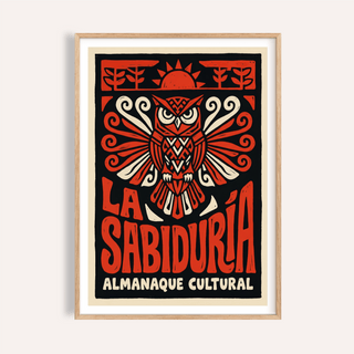 Framed Cultural Owls Poster in red and beige folk-art style close-up