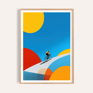 Abstract Bike Poster framed print close-up of a cyclist on a curved road with bright yellow and red circles