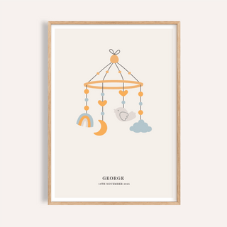 Framed personalised baby poster with minimalist bird and moon mobile illustration in soft colours