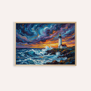 Framed Ocean Landscape Print of a lighthouse on rocky coast with swirling waves and vivid purple and orange sky