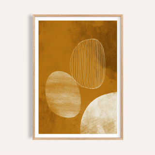 Minimalist line art poster with abstract organic shapes in ochre and cream framed in light wood