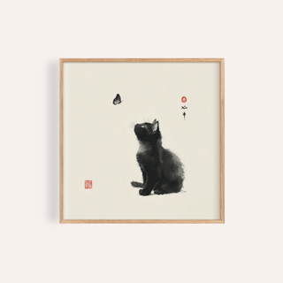 Framed close-up of Butterfly Cat Poster showing a black cat gazing at a butterfly in a minimalist style