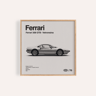 Framed print of a classic 1970s Italian sports car poster with minimalist and typographic style