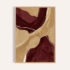 Neutral Organic Abstract Art with maroon and beige shapes in a natural wood frame