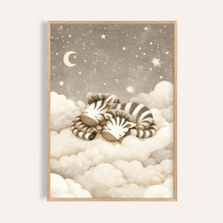 Zebra Nursery Art of two sleeping baby zebras on soft clouds with stars and moon