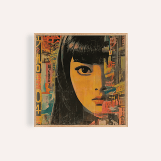 Framed print close-up of Japanese Pop Art with an anime style woman face in orange and black tones