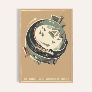 Framed Single Seater Race Car wall art with retro illustration in muted green and brown tones