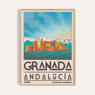 Framed Spanish City Poster of the Alhambra fortress in vintage style with teal and orange tones