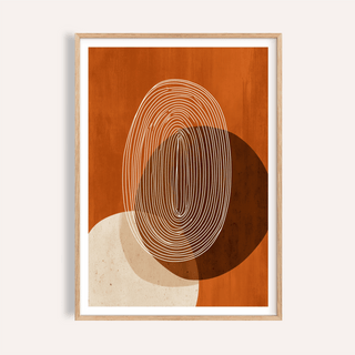 Modern Geometric Print of abstract concentric white lines over brown and beige circles in a wooden frame