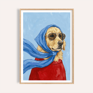 Framed Golden Retriever Art of a dog with sunglasses and a blue scarf on a pale blue background