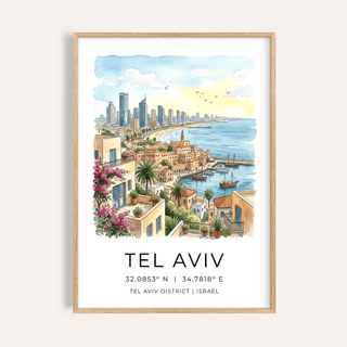 Framed Tel Aviv Art Print of cityscape with blue sea and yellow sky