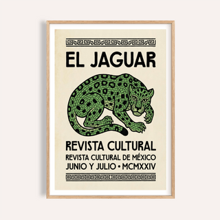 Framed print close-up of a green jaguar illustration with black text in folk-art style