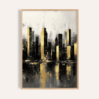 Framed city skyline at night artwork with gold and black abstract blocks on grey background
