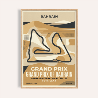 Framed Desert Race Circuit Poster showing Bahrain race track in beige and black tones
