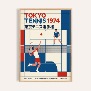 Framed Tokyo Tennis Poster of two tennis players in red, blue and cream colours