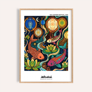 Framed Colorful Koi Fish Poster with lanterns and lotuses in vibrant colours