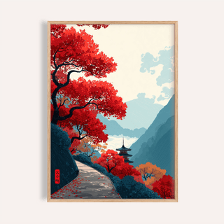 Framed Zen Mountain Poster with red maple tree and pagoda in a Japanese woodblock style