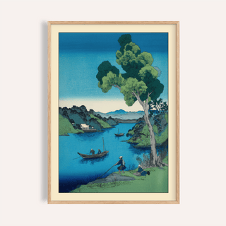Framed print close-up of Hasui Kawase Bay Print showing a blue river landscape with fishing boats and trees
