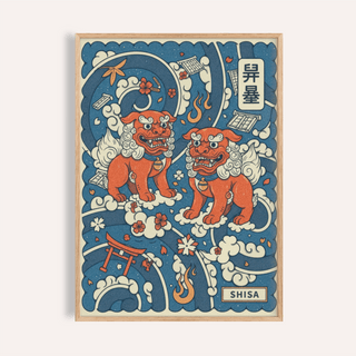 Japanese Shisa Art Print poster showing twin lion-dogs on swirling clouds