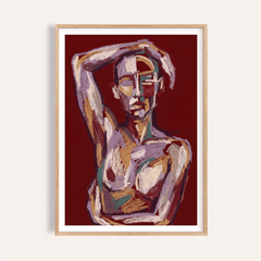 Abstract Figure and Floral Wall Art Set print of an abstract female figure in purple and beige tones on a burgundy background