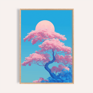 Japanese Cherry Blossom Print with pink, blue, and white for bedroom wall art