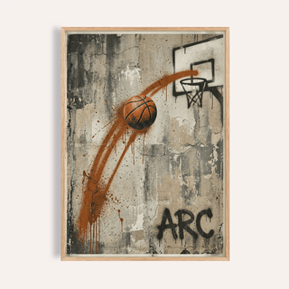 Basketball graffiti wall art of a basketball arc in orange and black with a concrete style background