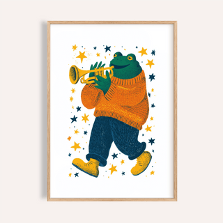 Framed Frog Playing Trumpet Art illustration with green frog in orange jumper surrounded by stars
