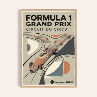 Framed Vintage Racing Poster of retro racing cars in orange and grey tones