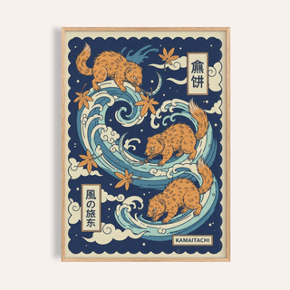 Framed Kamaitachi Art of orange creatures with swirling blue waves and maple leaves