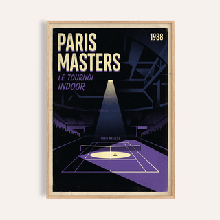 Framed print close-up of Paris Masters Art Print with minimalist purple and black indoor tennis court