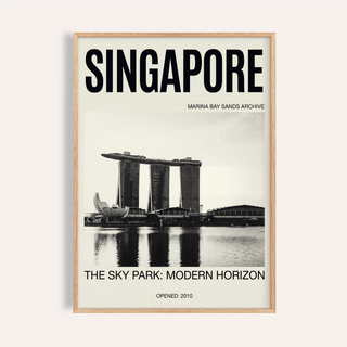 Singapore Modern Architecture Art Print close-up of Marina Bay Sands in black and white with wooden frame