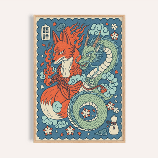Mythical Creature wall art featuring a red fox and green dragon in japanese ink style