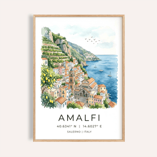 Framed close-up of Amalfi watercolour illustration with coastal town and blue sea