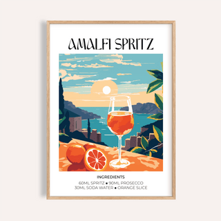 Framed Cocktail Art Poster of an orange spritz cocktail with an Amalfi coast sunset in retro style