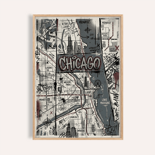 Framed Chicago Street Art print showing a grey, black, and brown urban map illustration