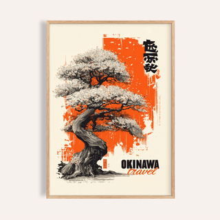 Framed Cherry Blossom Tree Poster with an orange abstract background and black Japanese ink illustration