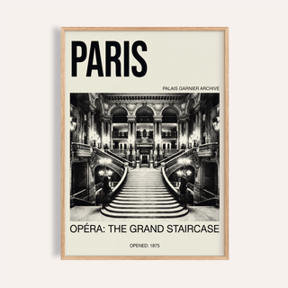 Framed Paris Opera Art Print showing grand staircase in black and white with typographic details