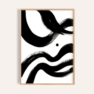 Framed black and white paintings abstract of bold black ink waves with one dot on white background