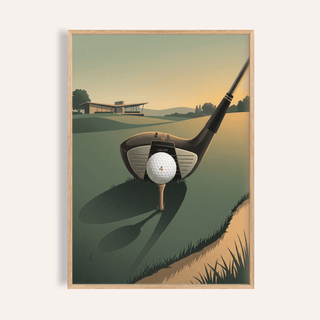 Framed Golf Driver Art Print of a golf driver and ball with green and beige tones