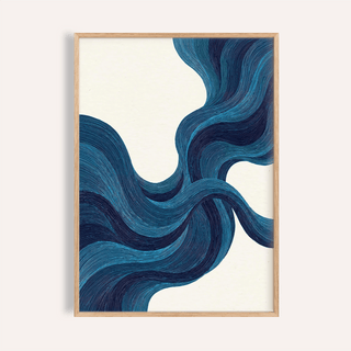 Framed print of flowing blue lines in abstract minimalist style with a cream background