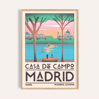 Framed Madrid wall art showing a lake view with people and pink and green colours