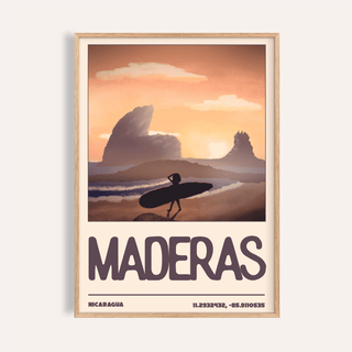 Framed Nicaragua Surfer wall art with silhouette surfer and warm sunset colours
