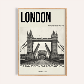 Framed Tower Bridge Art Print showing the bridge with black typography on a cream background