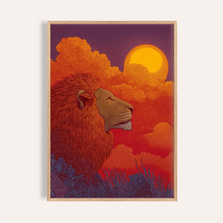 Lion Sunset art print of a red lion profile with orange clouds and yellow sun in a wooden frame