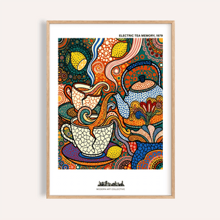 Framed Tea Time wall art of abstract tea cups and a teapot in bright folk-art colours
