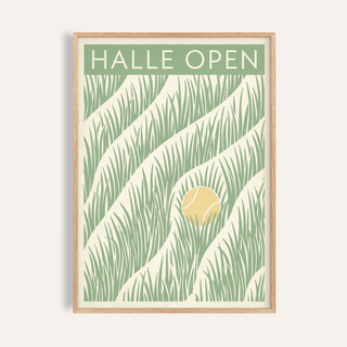 Framed Tennis Grass Art Print with a yellow tennis ball amongst green grass blades and Halle Open text